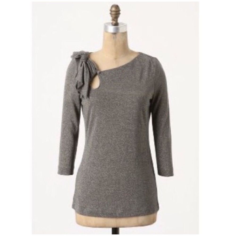 DELETTA Anthropologie Gray Metallic Shirt S Keyhole Bow 3/4 Sleeve Stretch Size